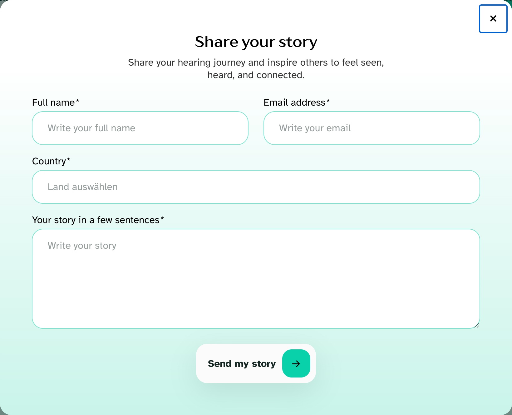 The Share your story dialog: full name, email address, country, your story, and a Send my story button. No consent checkbox and no privacy link.