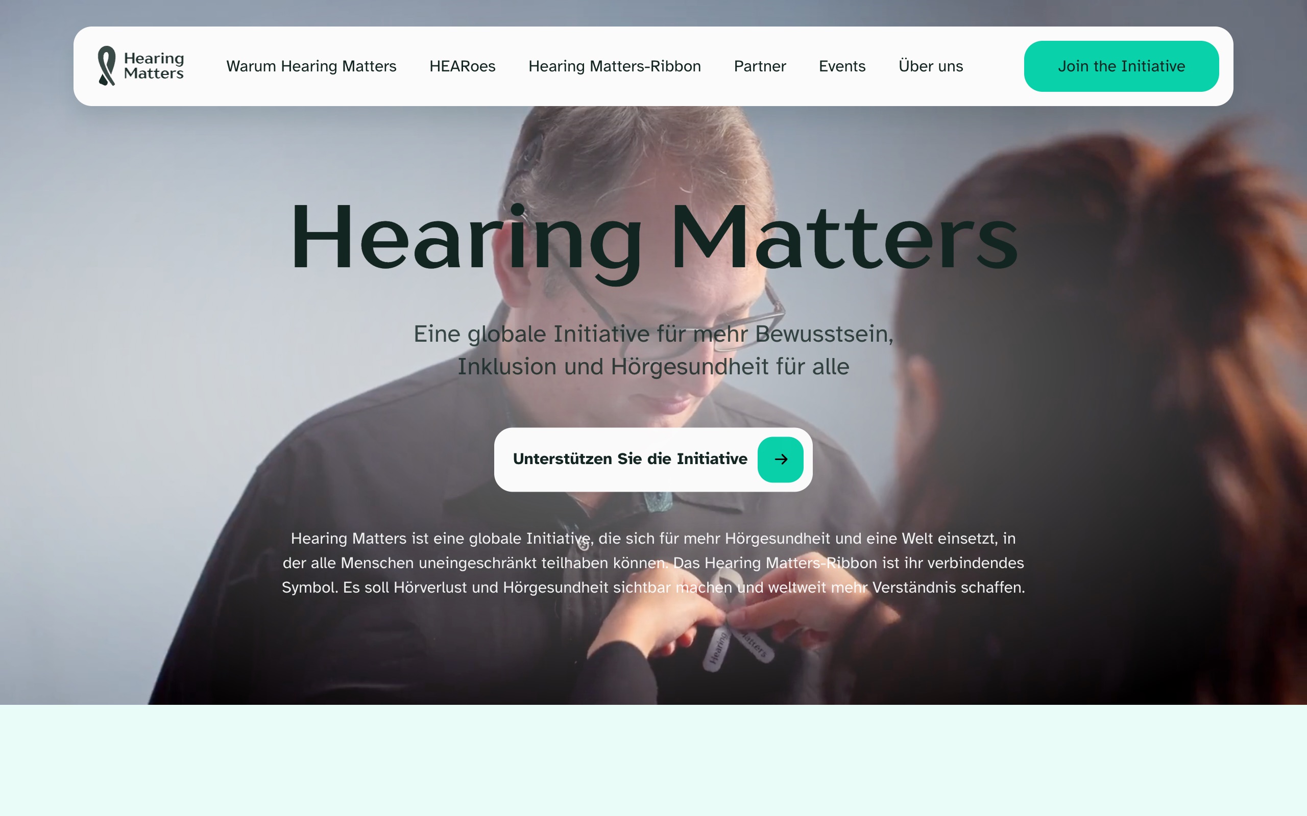 The Hearing Matters homepage: hero over video, navigation, Join the Initiative section.